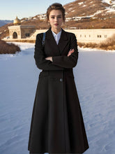 Aurohaya Women's Long Double-Breasted Black Coat Elegant Oversized Winter Coat with Pockets